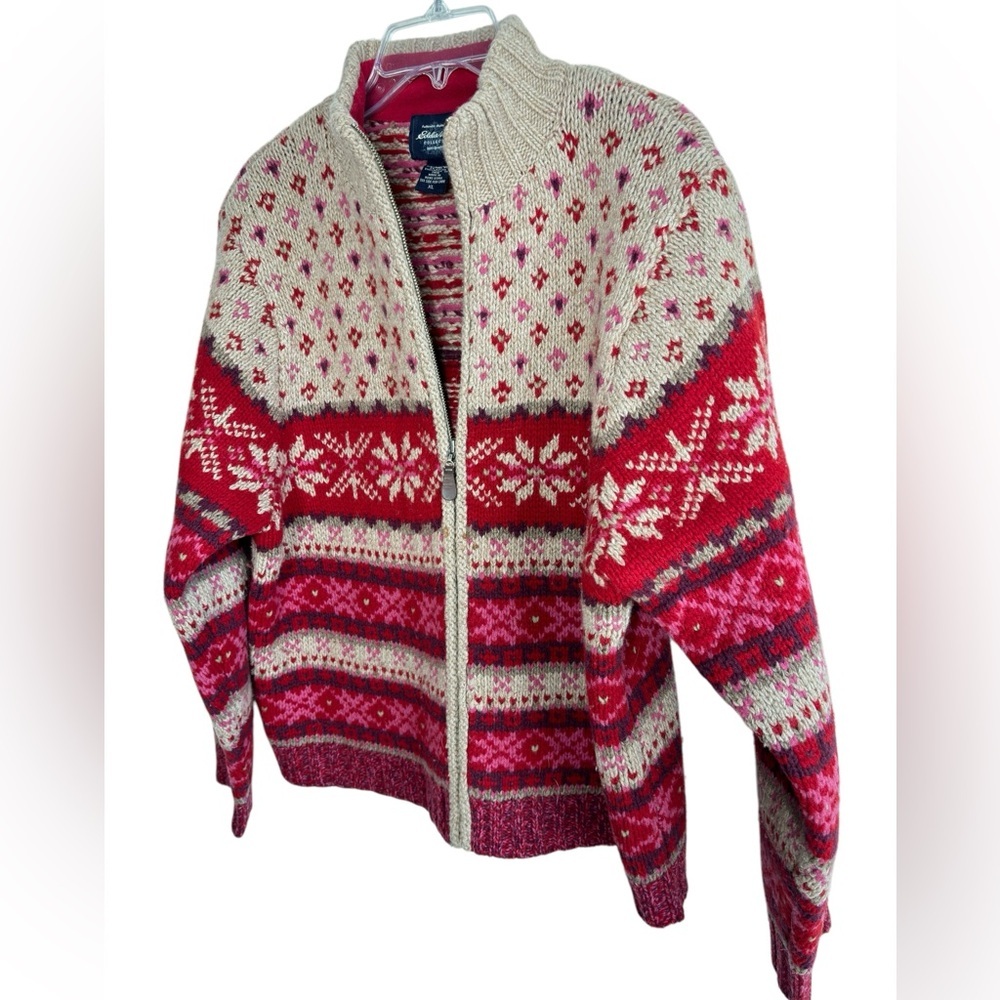 Eddie Bauer Red And Cream Patterned Cardigan - image 4